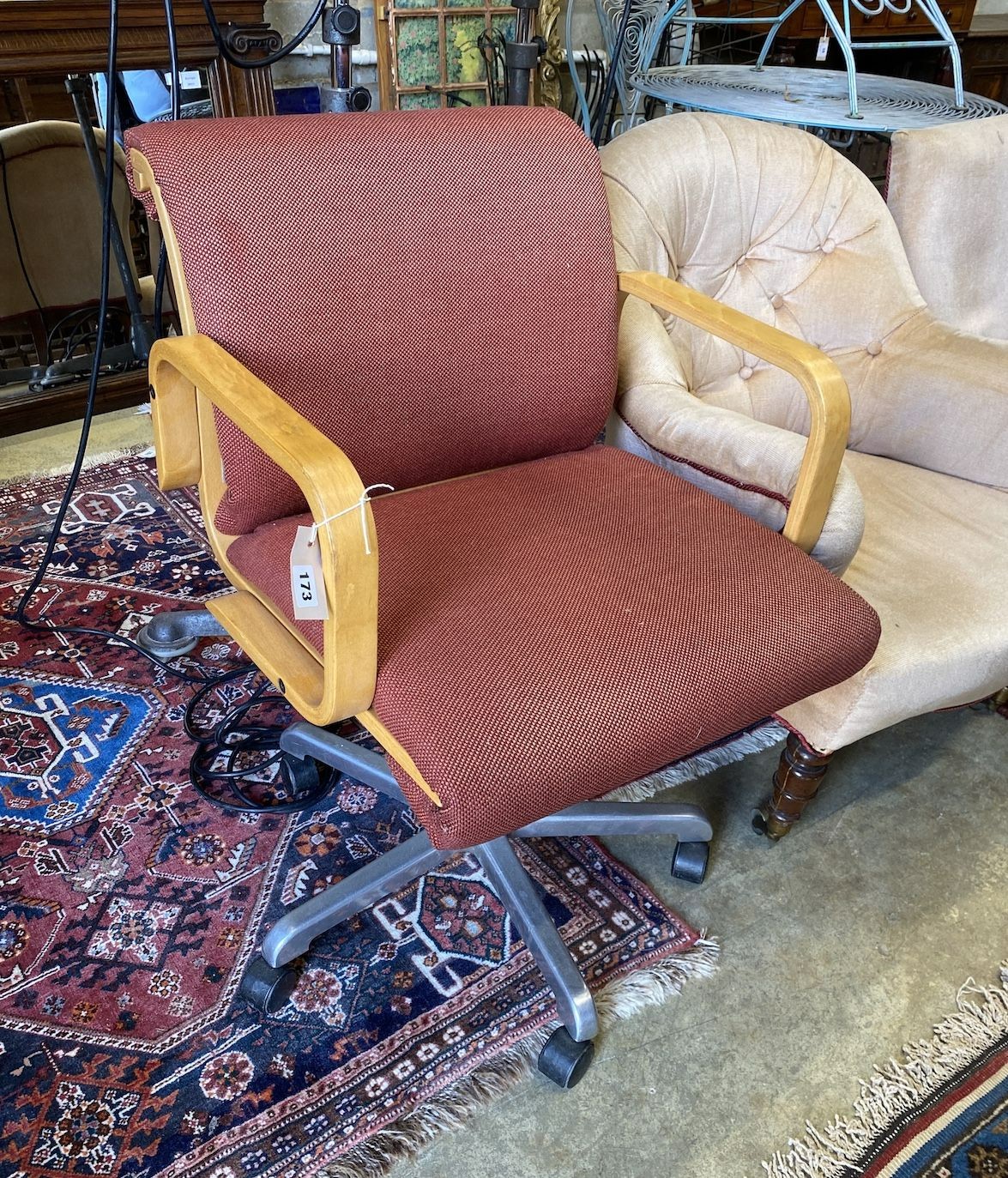 A mid century design beech and aluminium swivel desk chair, width 73cm, depth 50cm, height 80cm